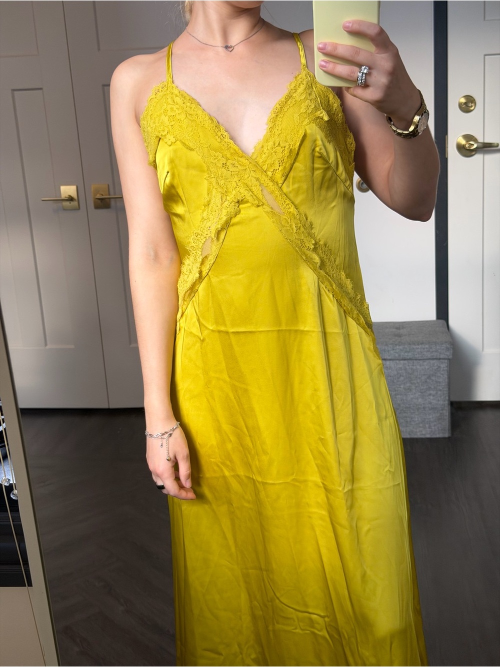 Lace Trim Slip Dress in Chartreuse Yellow